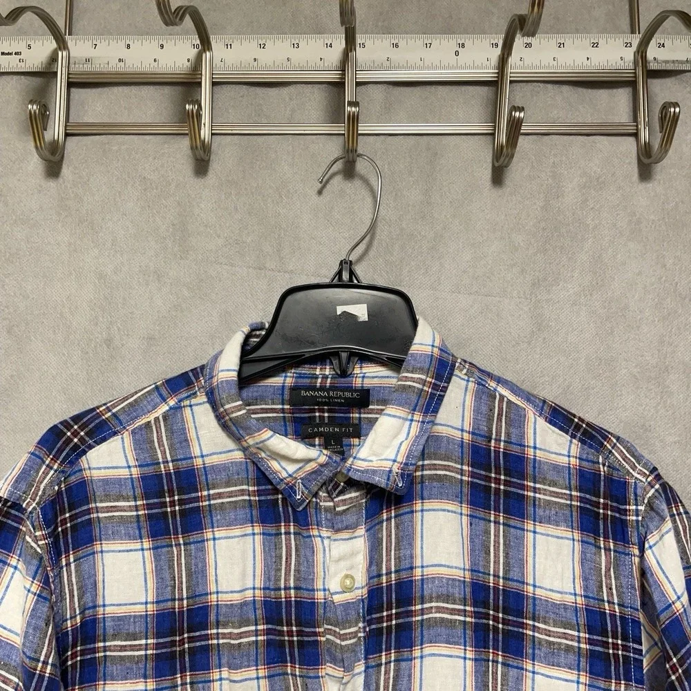 Banana Republic Shirt Men L Blue Plaid Linen Button Up Camden Fit Casual Preppy
